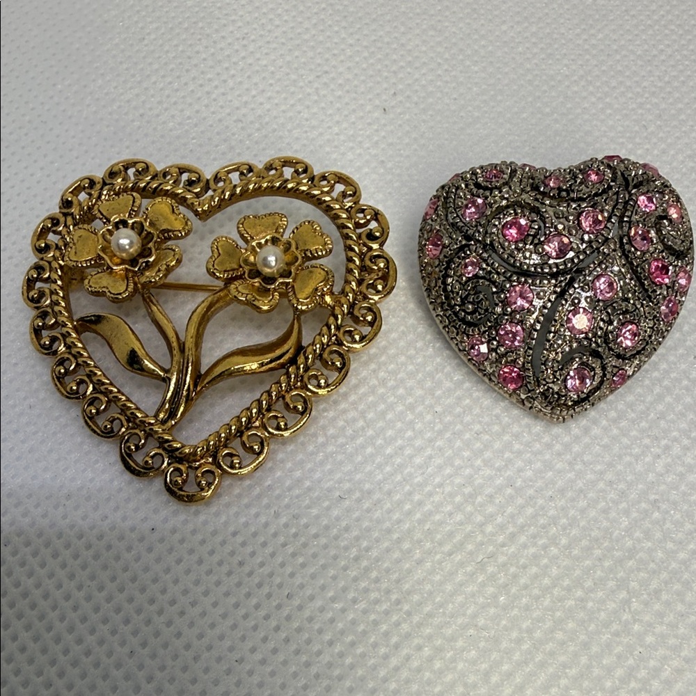 Two Heart Brooches Gold & Silver Tones, with Faux Pearls & Pink Rhinestones.
